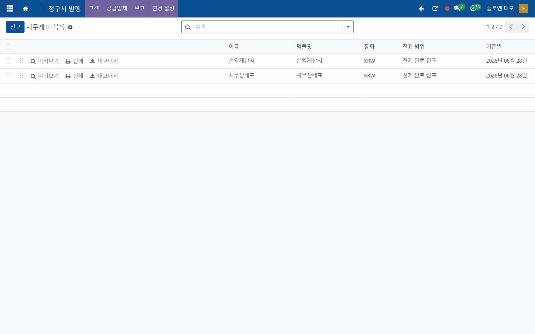 Floen ERP 회계·비용 재무 보고 화면