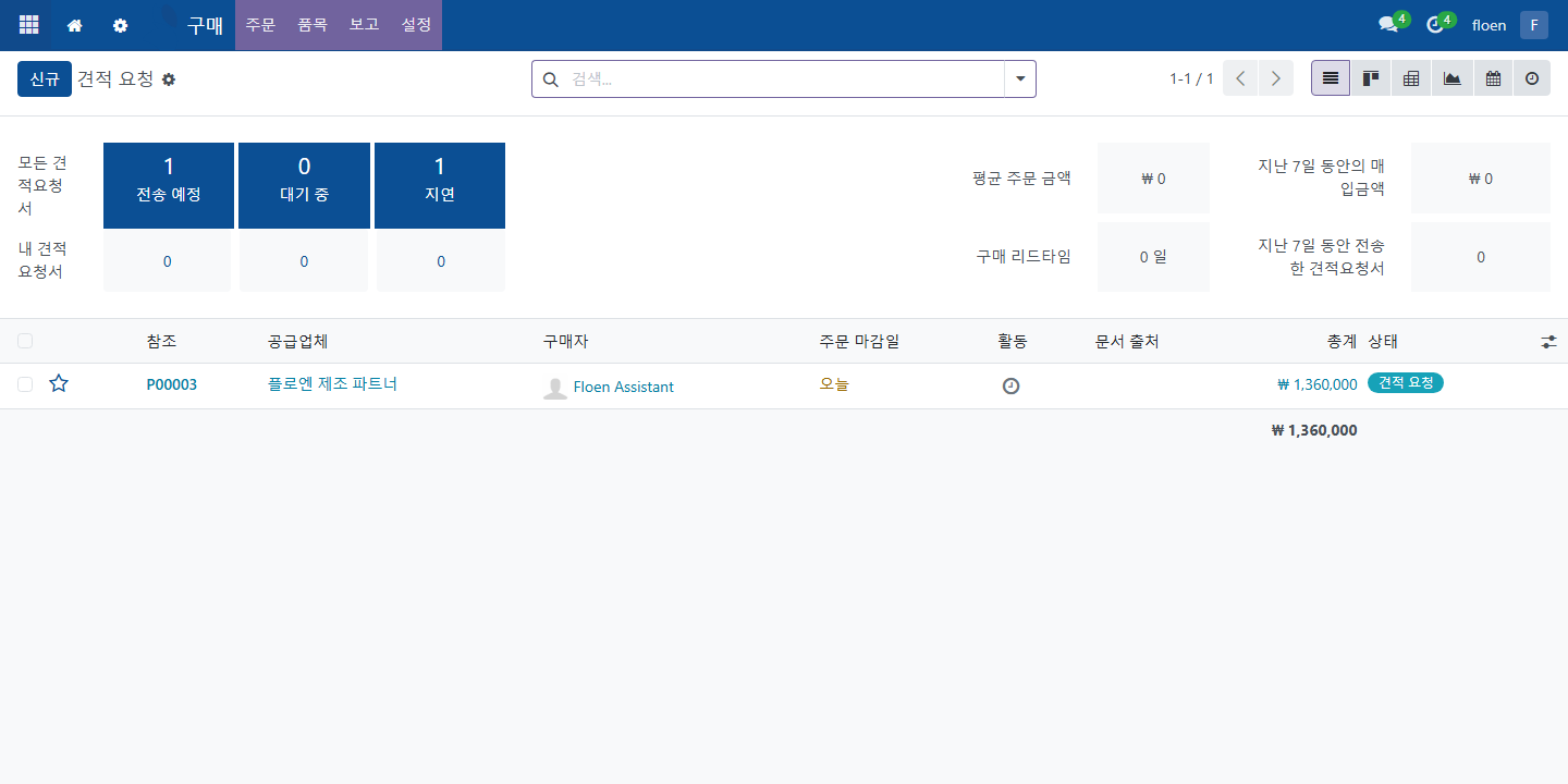 ERP 구매 견적 요청 목록 화면