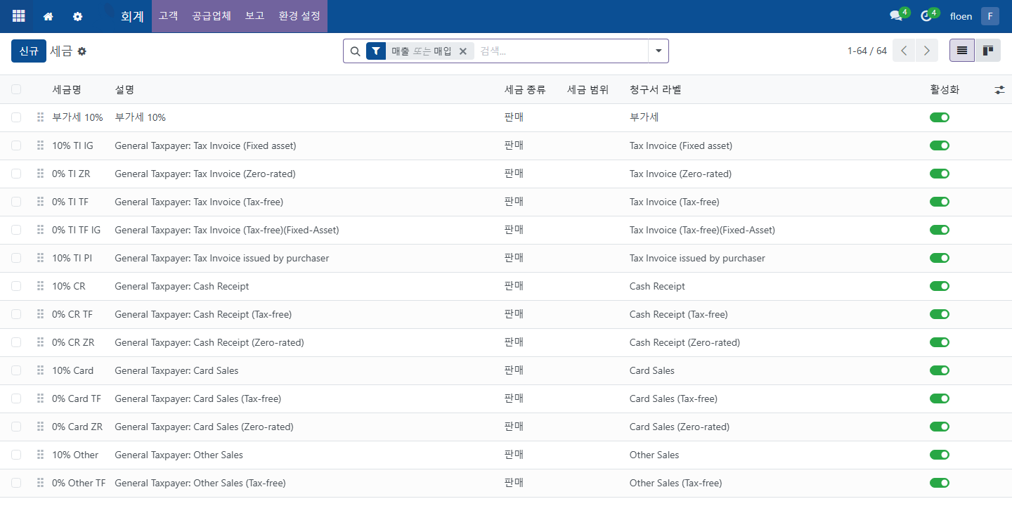 ERP 세금 목록 화면